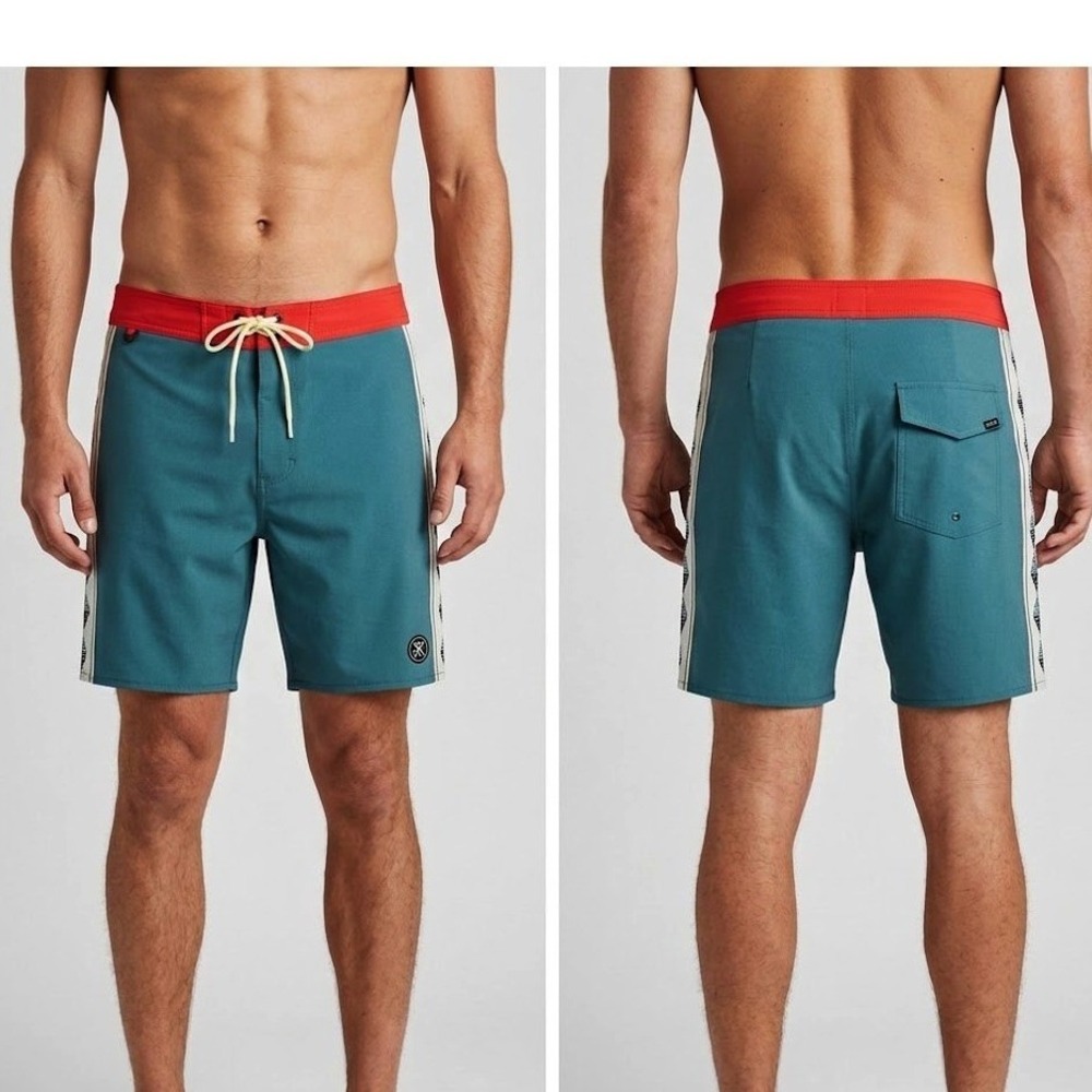 Roark The Passage Boardshorts Mens 38‎ Teal Red Hemp Blend Geometric Surf Swim